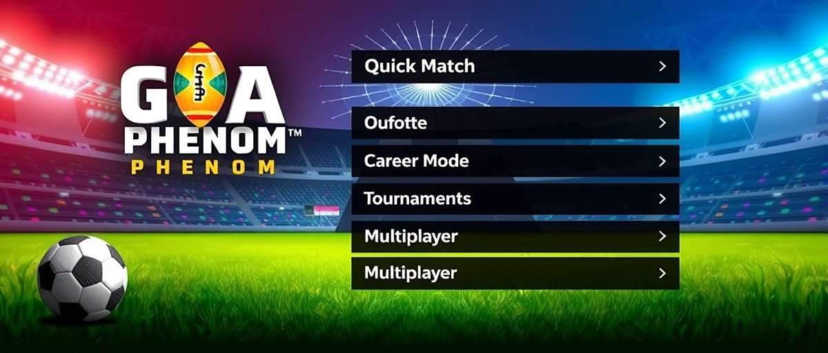Goa Football Phenom Main Menu Goa Football Phenom main menu showing options for quick match, career mode, tournaments, and multiplayer with Indian design elements