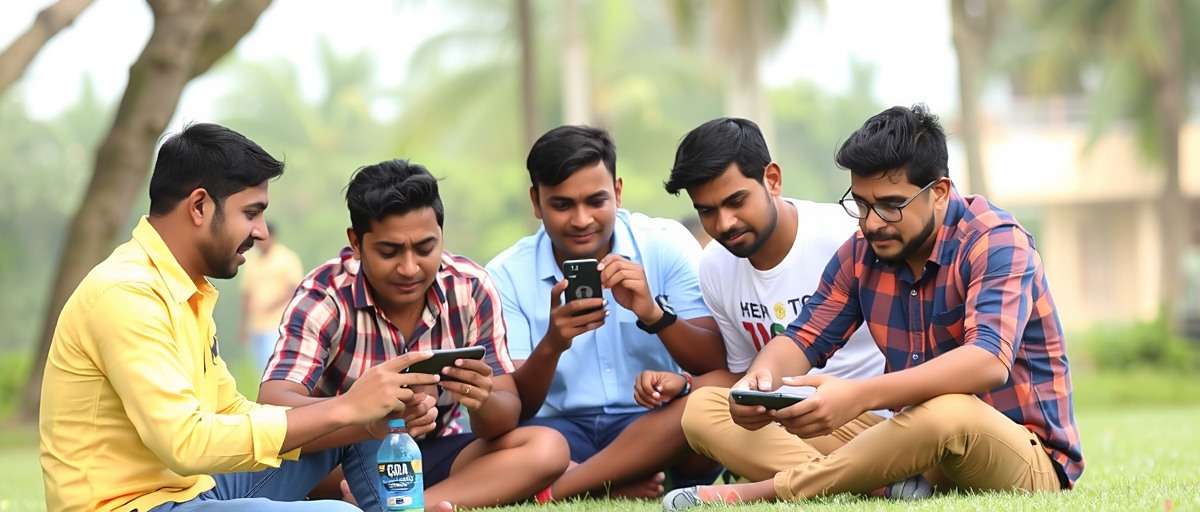 Goa Football Phenom Multiplayer Experience Group of Indian friends playing Goa Football Phenom together on their mobile devices, showing the game's multiplayer social aspect